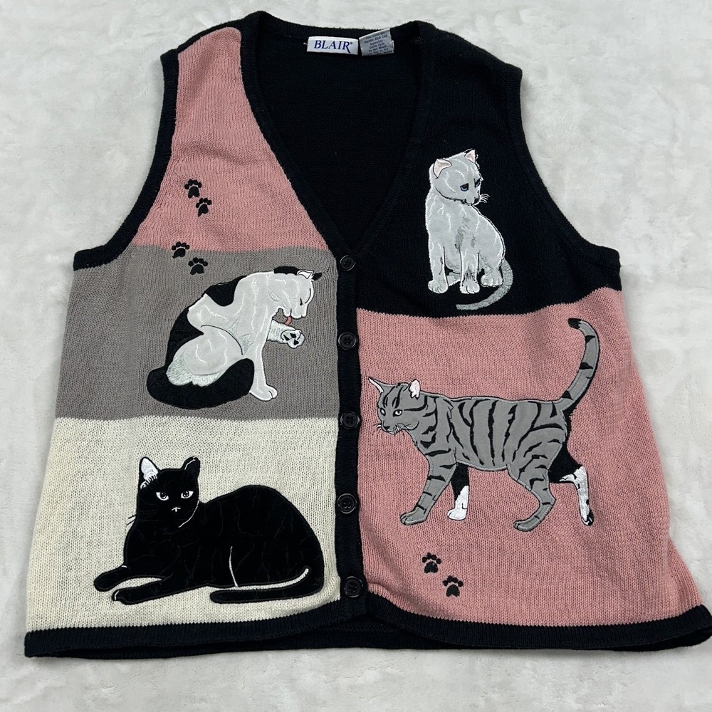 Blair Sweater Vest Womens Medium Multi Color Cat Embroidered Cardigan Knit 1275